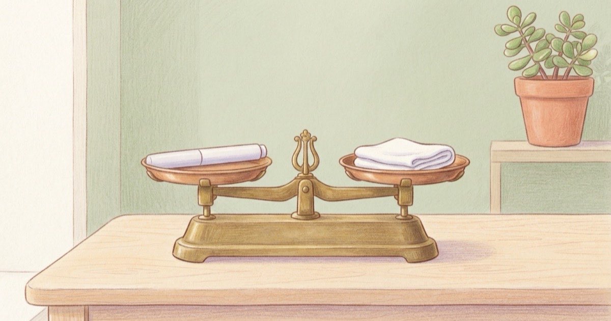 Ilustração de uma balança de dois pratos sobre uma mesa clara, com uma caneta de aplicação de um lado e um bisturi do outro, em equilíbrio