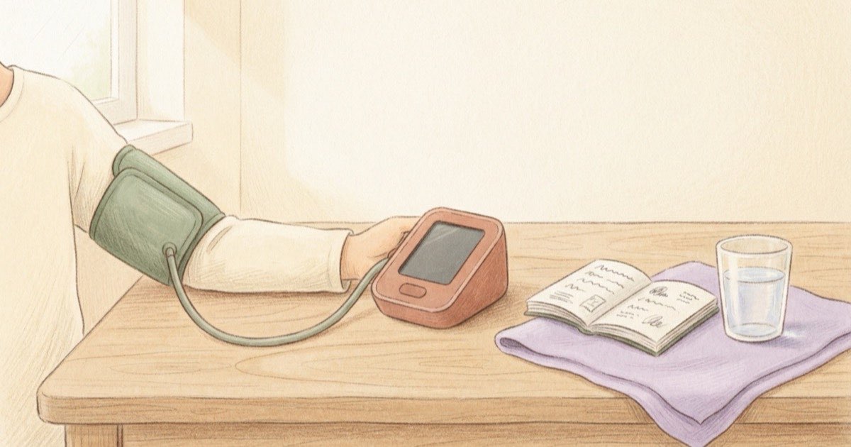 Ilustração de um braço com a braçadeira de um aparelho de pressão de visor apagado, sobre uma mesa de madeira, ao lado de um caderno aberto com anotações e um copo de água