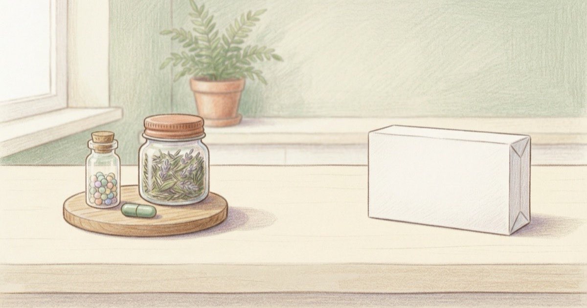 Ilustração de uma bancada com um frasco de vidro sem rótulo, uma cápsula e um pote de ervas de um lado, e uma caixa lacrada de medicamento do outro, separados por um espaço