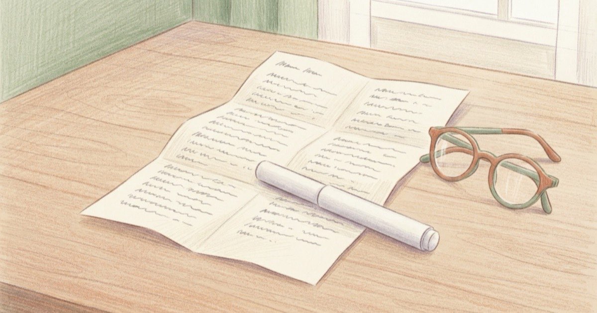 Ilustração de uma bula aberta sobre uma mesa, com uma caneta de aplicação ao lado e um par de óculos de leitura, luz suave