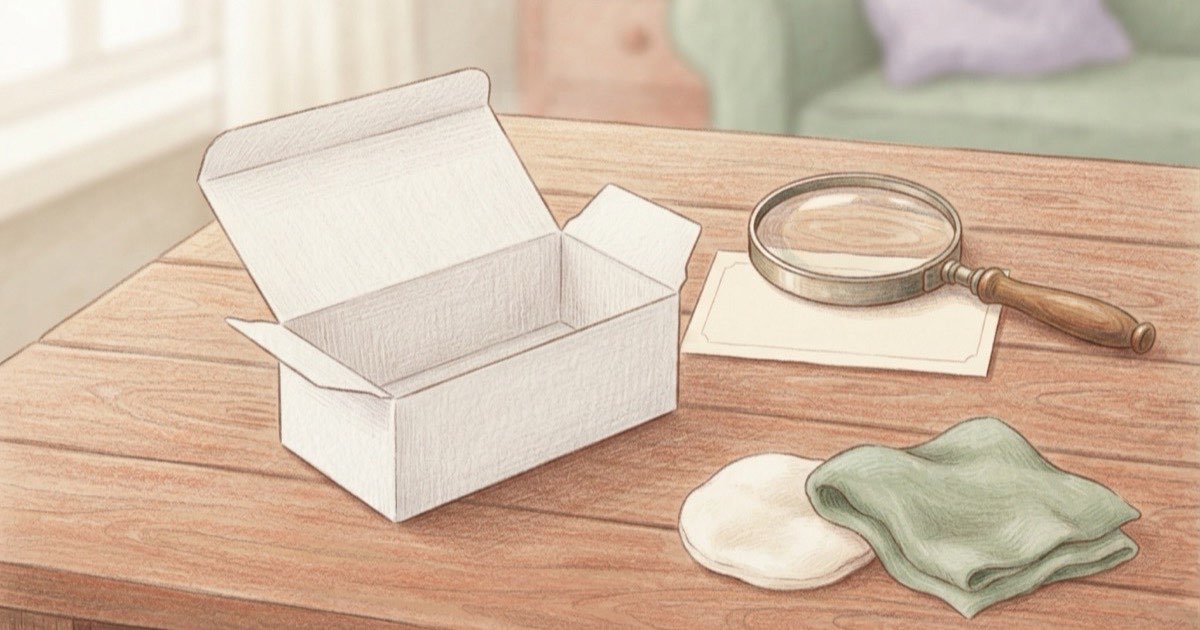 Ilustração de uma caixa de medicamento branca e aberta sobre uma mesa de madeira, com uma lupa sobre a etiqueta em branco, um algodão e um pano verde ao lado