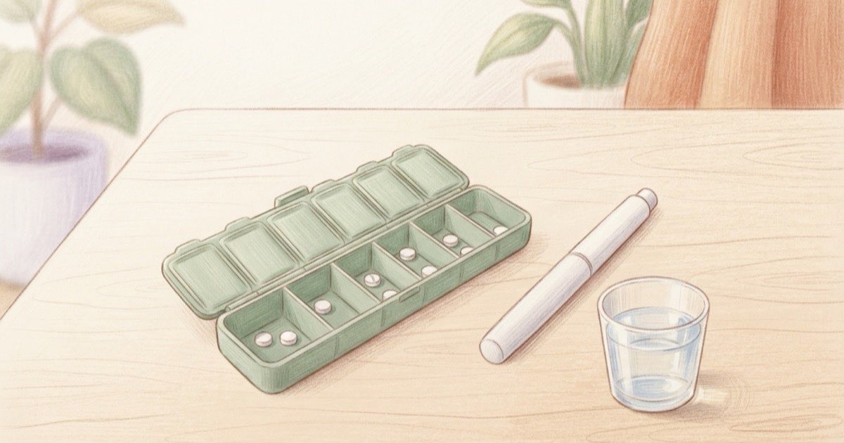 Ilustração de um porta-comprimidos semanal aberto ao lado de uma caneta de aplicação e de um copo de água, sobre uma mesa de madeira clara