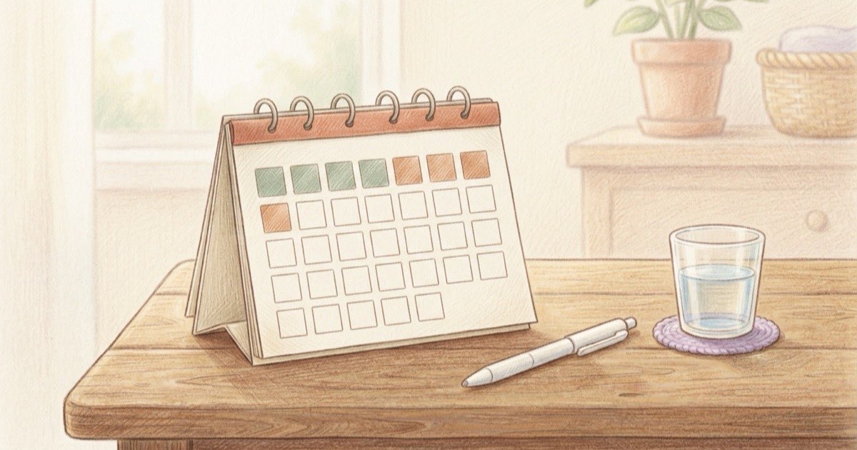 Ilustração de um calendário de mesa com os sete primeiros dias marcados, uma caneta de aplicação e um copo d'água ao lado, luz da manhã