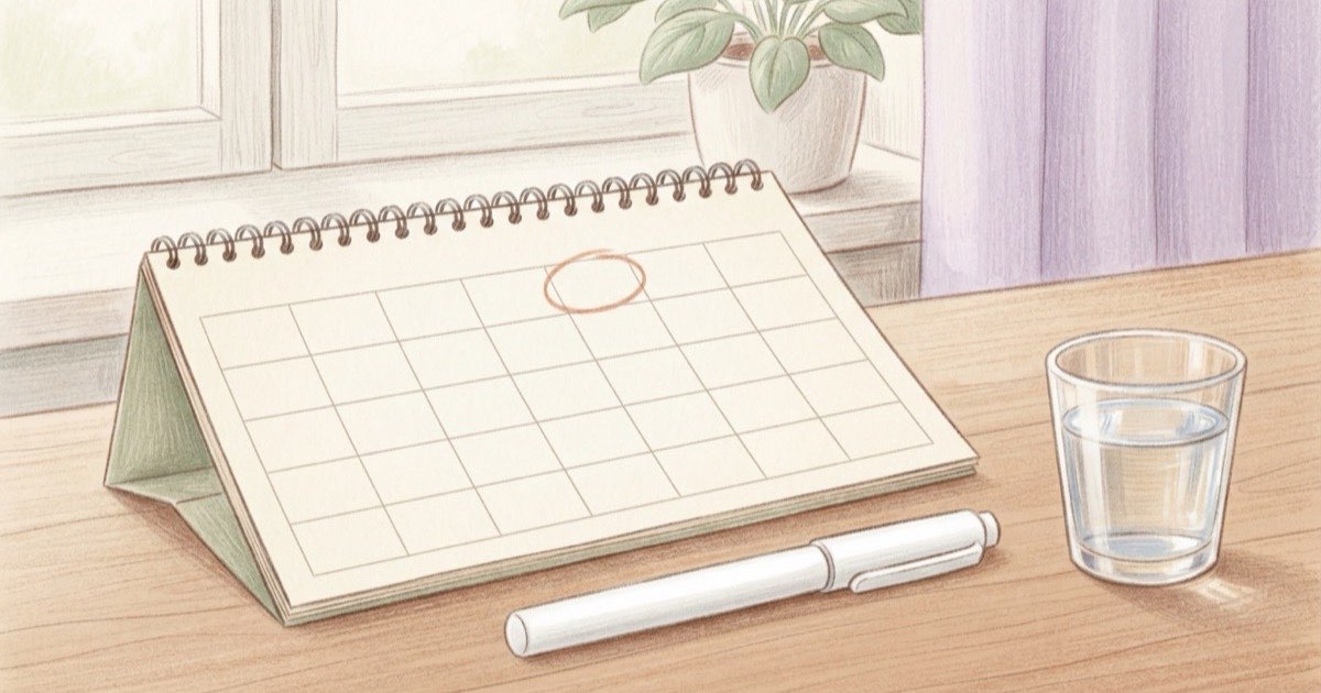 Ilustração de um calendário semanal com um dia marcado e uma caneta de aplicação ao lado, sobre uma mesa clara, luz suave