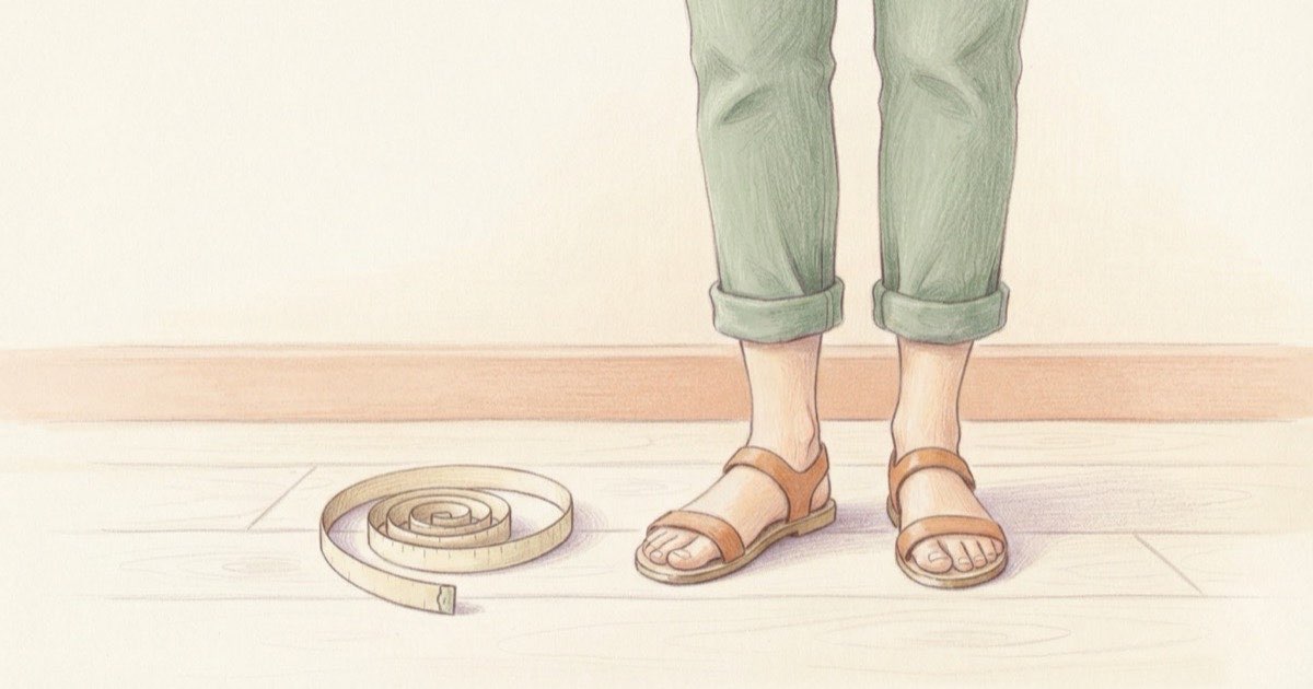 Ilustração de pernas femininas em pé sobre um fundo claro, com uma fita métrica ao lado, em tons suaves e luz difusa