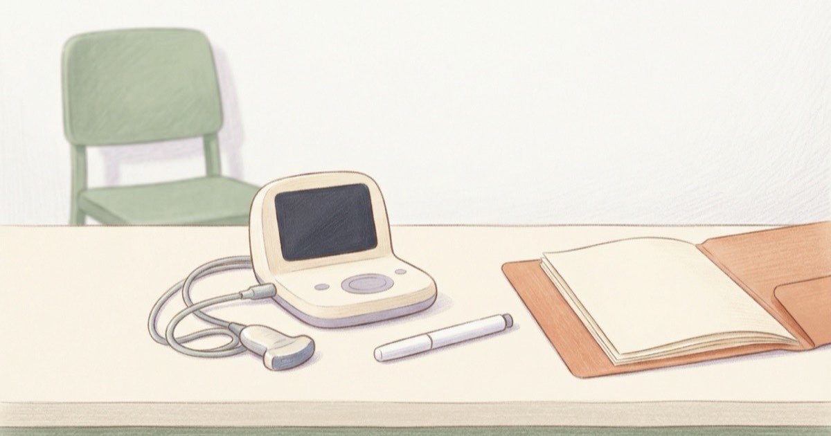 Ilustração de um aparelho de ultrassom portátil sobre uma mesa de consultório, ao lado de uma caneta de aplicação e de um prontuário aberto, luz clara