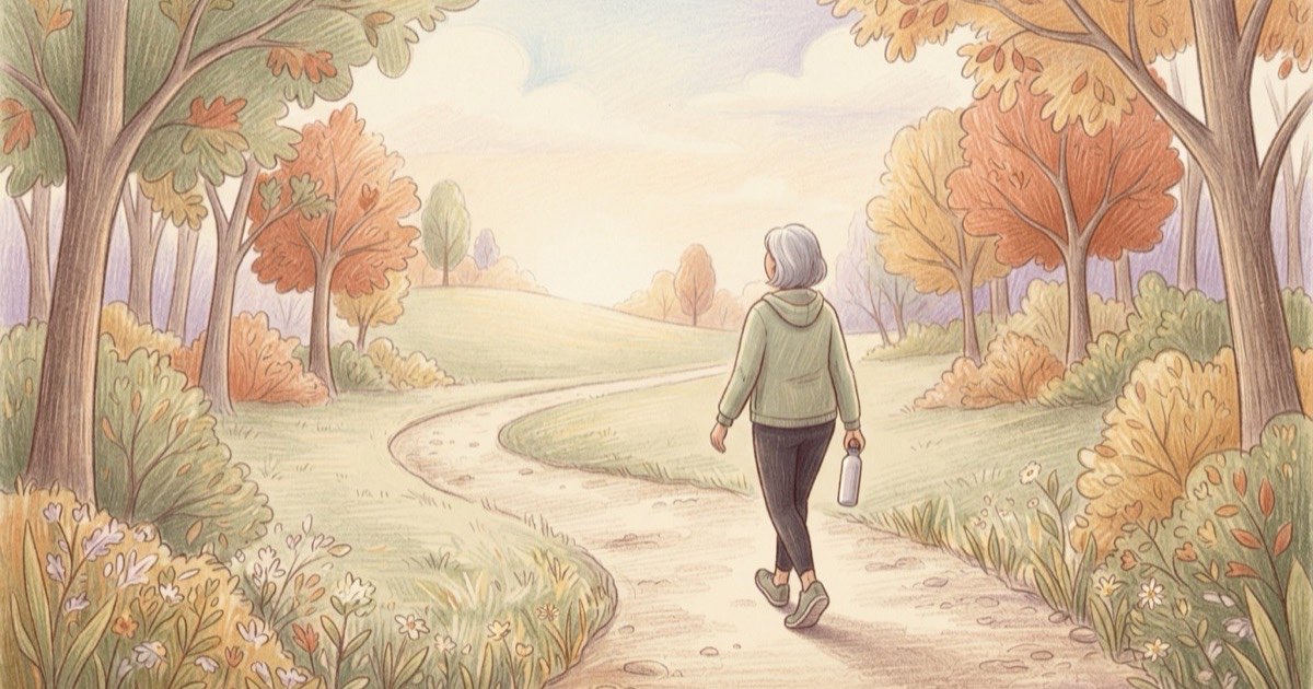 Ilustração de uma pessoa de cabelo grisalho caminhando ao ar livre com roupa de exercício, em tons claros e luz suave