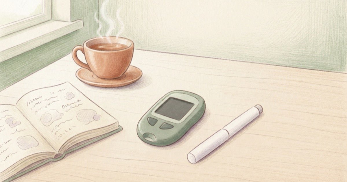 Ilustração de um glicosímetro sobre uma mesa clara, ao lado de uma caneta de aplicação e de um caderno com anotações de exames, luz suave