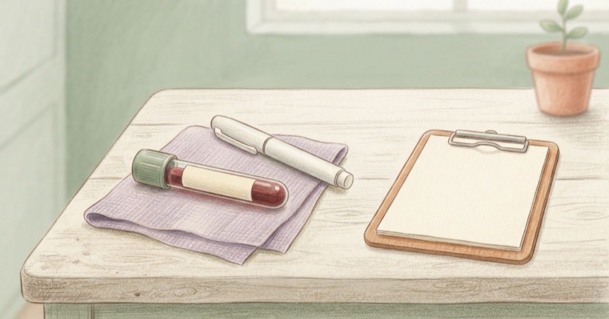 Ilustração de um tubo de coleta de sangue e um formulário de exames sobre uma bancada clara, com uma caneta de aplicação ao lado, luz suave