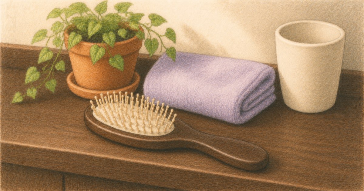Ilustração de uma escova de cabelo sobre uma bancada de banheiro, ao lado de um vaso de terracota e uma toalha dobrada
