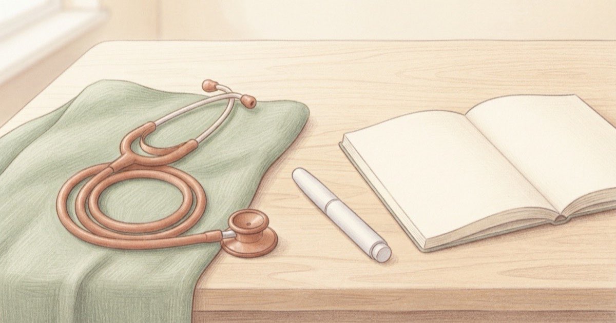 Ilustração de um estetoscópio enrolado ao lado de uma caneta de aplicação e de um caderno aberto, sobre uma mesa clara