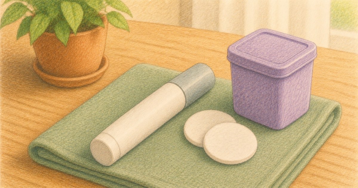 Ilustração de uma caneta de aplicação sobre uma mesa com algodão, recipiente de descarte e a silhueta de uma barriga indicando os locais de aplicação