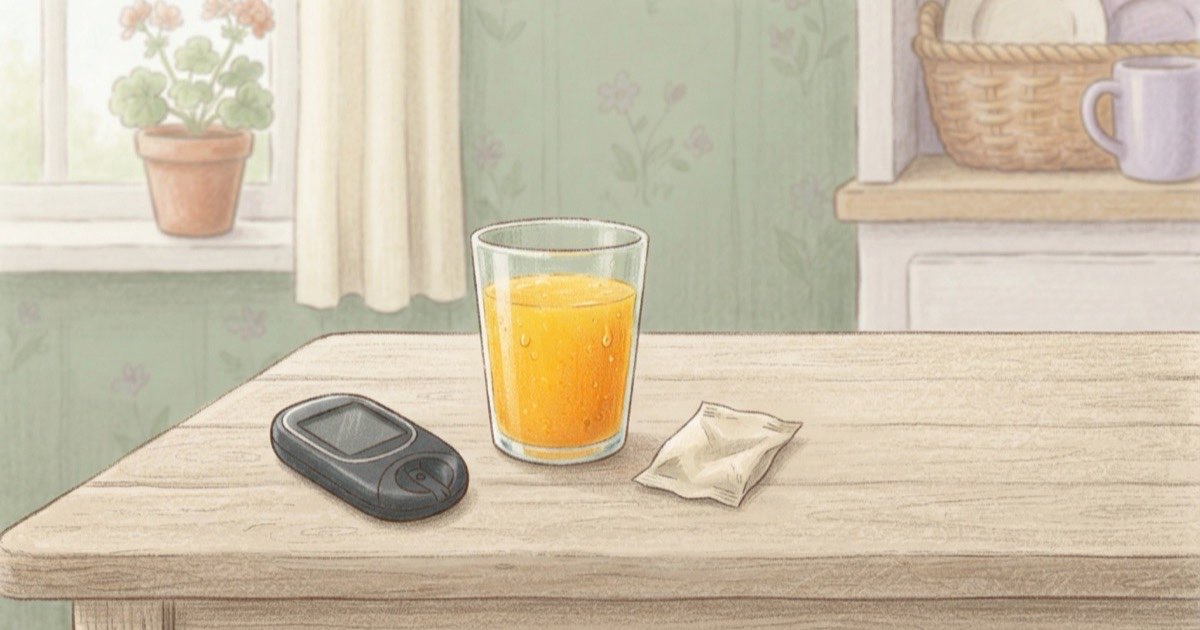 Ilustração de uma mesa de cozinha com um glicosímetro de visor apagado, um copo de suco de laranja e um sachê de açúcar, luz suave