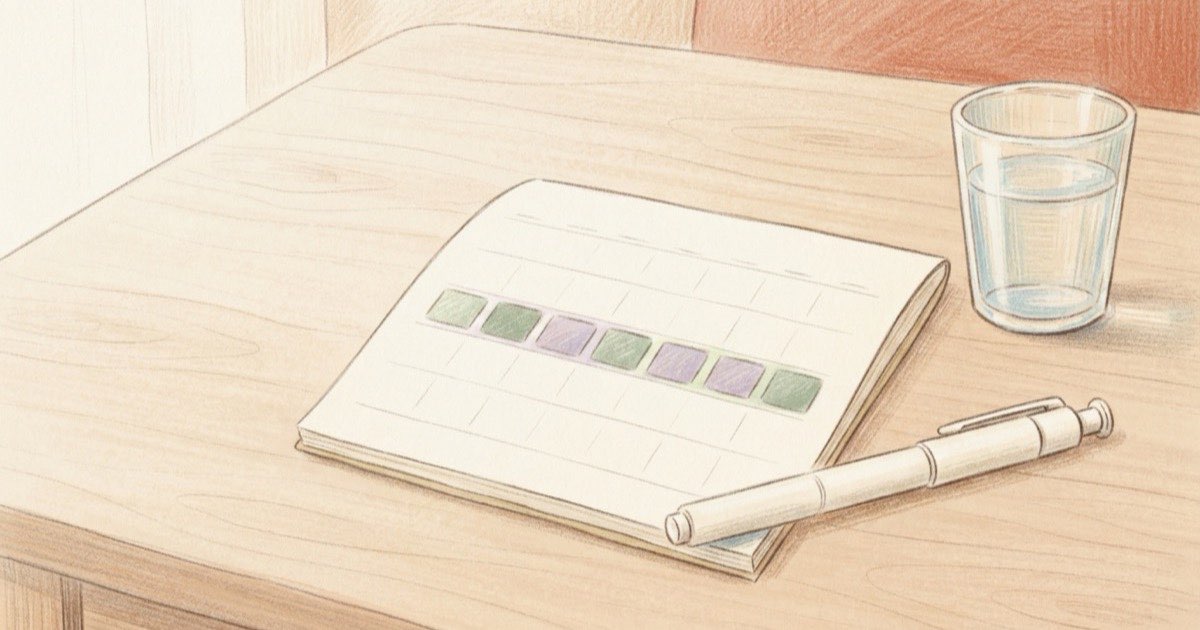Ilustração de uma caneta de aplicação ao lado de um calendário semanal com os sete dias marcados, sobre uma mesa de madeira clara