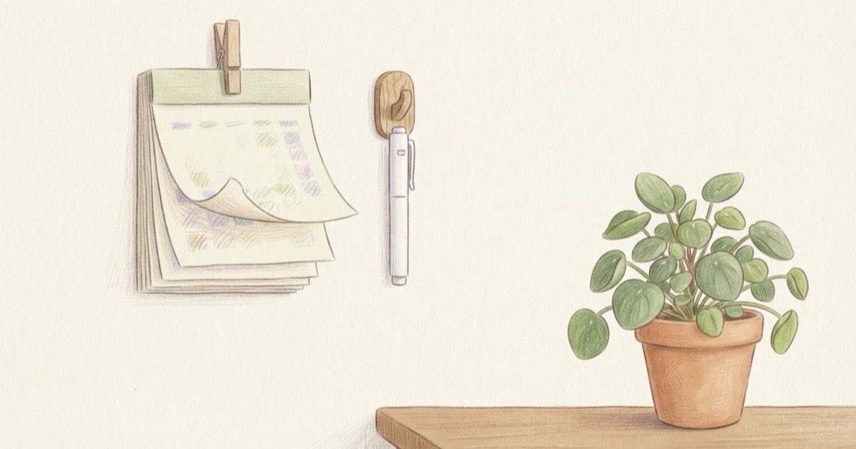 Ilustração de um calendário de parede com vários meses virados, uma caneta de aplicação pendurada ao lado e uma planta crescendo num vaso sobre a mesa