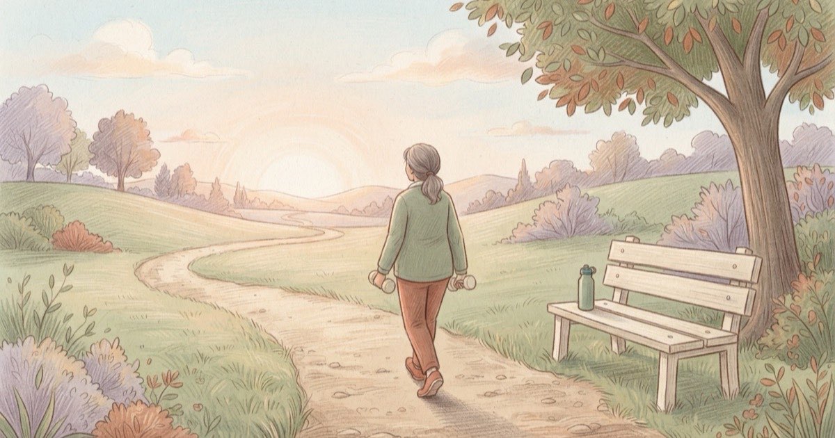 Ilustração de uma mulher de meia-idade caminhando com halteres leves nas mãos, em um parque ao amanhecer, com uma garrafa de água ao lado