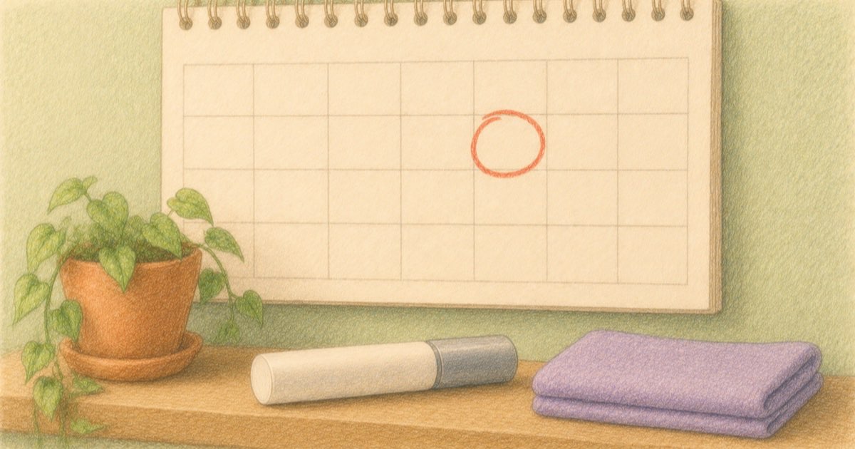 Ilustração de um calendário de parede com um dia marcado, uma caneta de aplicação e um celular com lembrete ao lado