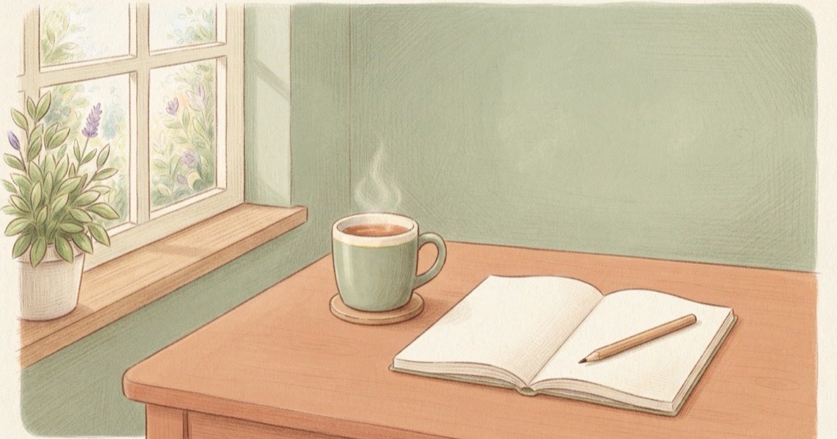 Ilustração de uma xícara de chá sobre uma mesa ao lado de um caderno aberto e de uma janela com luz suave da manhã