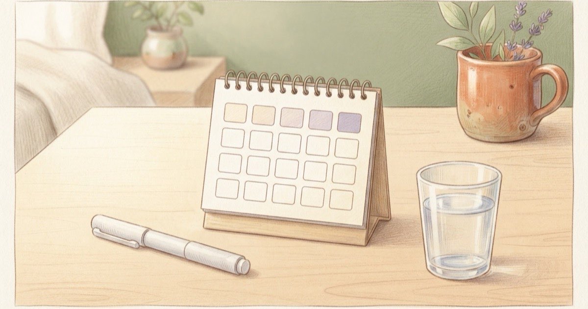 Ilustração de uma caneta de aplicação ao lado de um calendário com quatro semanas marcadas e um copo de água sobre a mesa