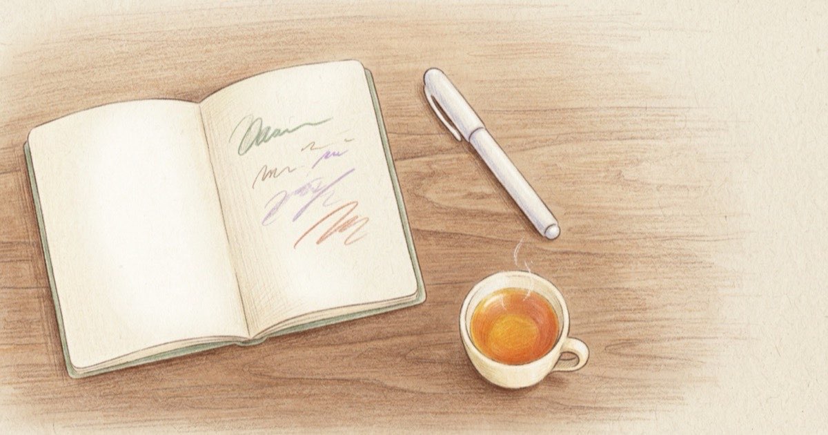 Ilustração de uma caneta de aplicação ao lado de um caderno aberto com anotações e uma xícara de chá, sobre uma mesa clara