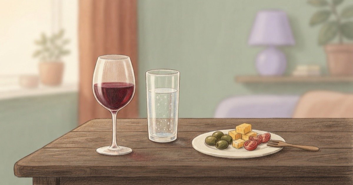 Ilustração de uma taça de vinho pela metade ao lado de um copo de água e um prato com petiscos leves numa mesa de madeira