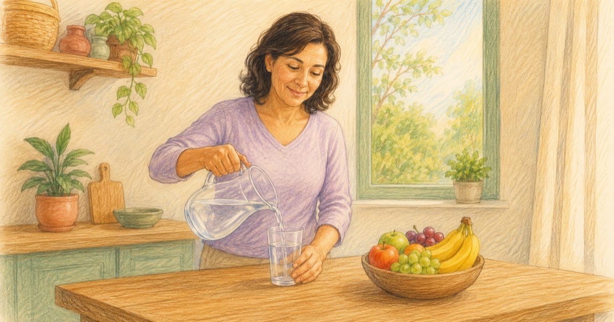 Ilustração de uma mulher servindo um copo de água na mesa da cozinha, com uma tigela de frutas ao lado