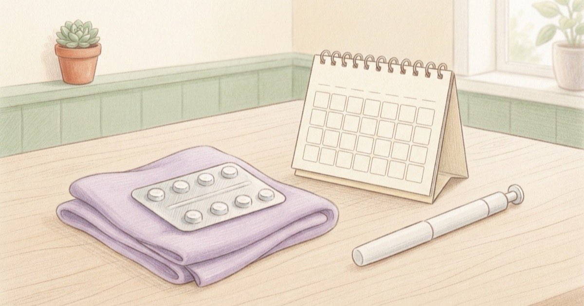 Ilustração de uma cartela de comprimidos ao lado de um calendário com quatro semanas marcadas e uma caneta de aplicação sobre a mesa