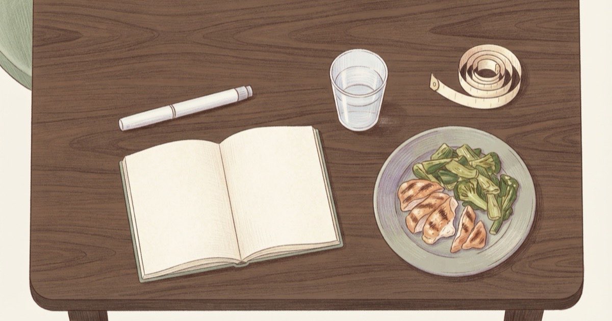 Ilustração de uma mesa organizada com uma caneta de aplicação, um caderno aberto, um copo de água, uma fita métrica e um prato com frango e legumes