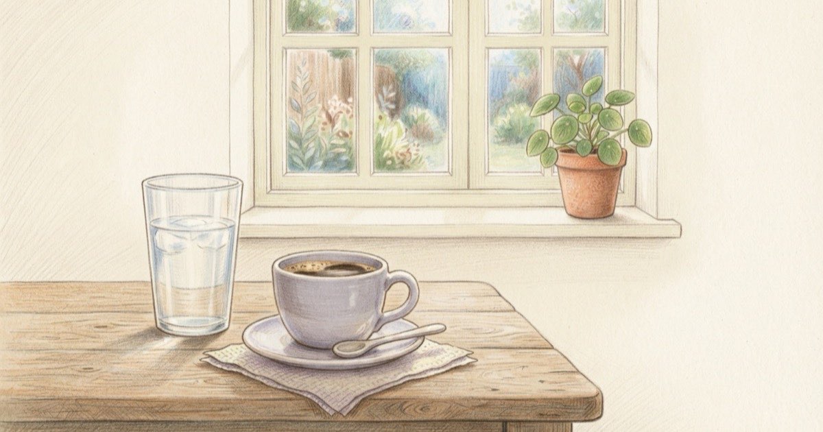 Ilustração de um copo de água grande e uma xícara de café sobre uma mesa de cozinha, com uma janela clara ao fundo