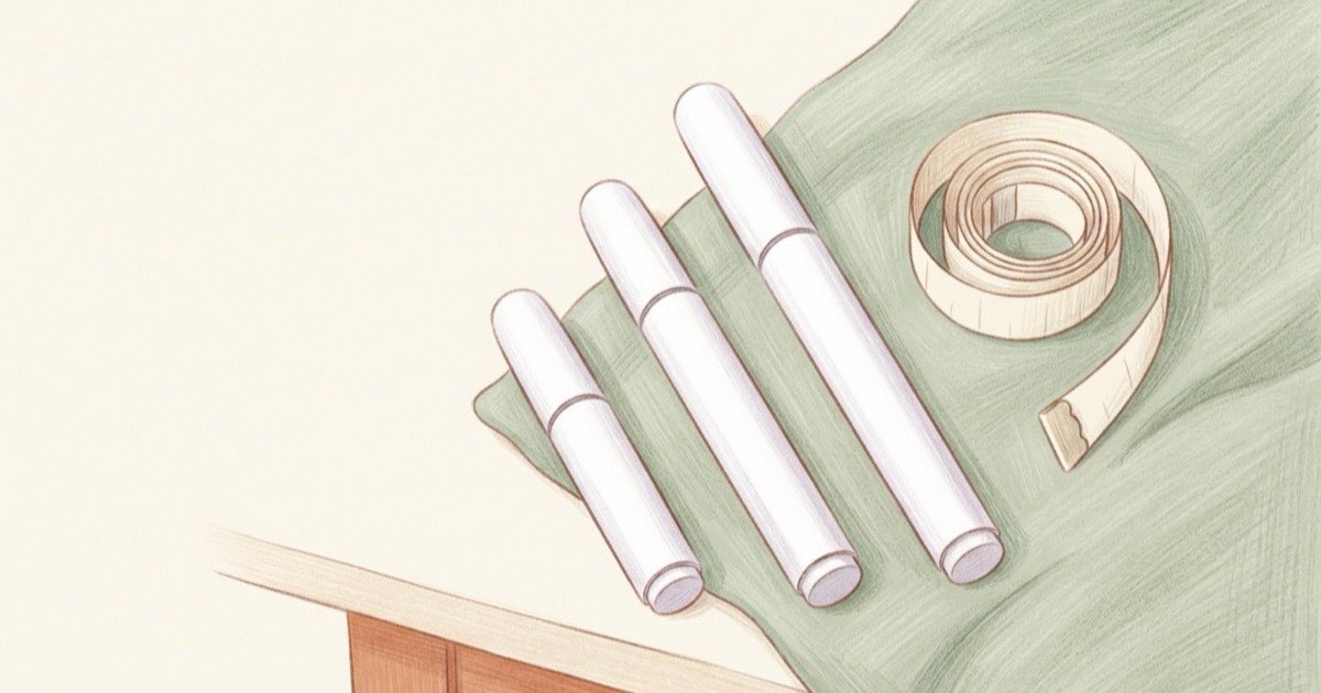 Ilustração de três canetas de aplicação brancas e tampadas, alinhadas em tamanhos crescentes sobre um pano verde, com uma fita métrica enrolada ao lado