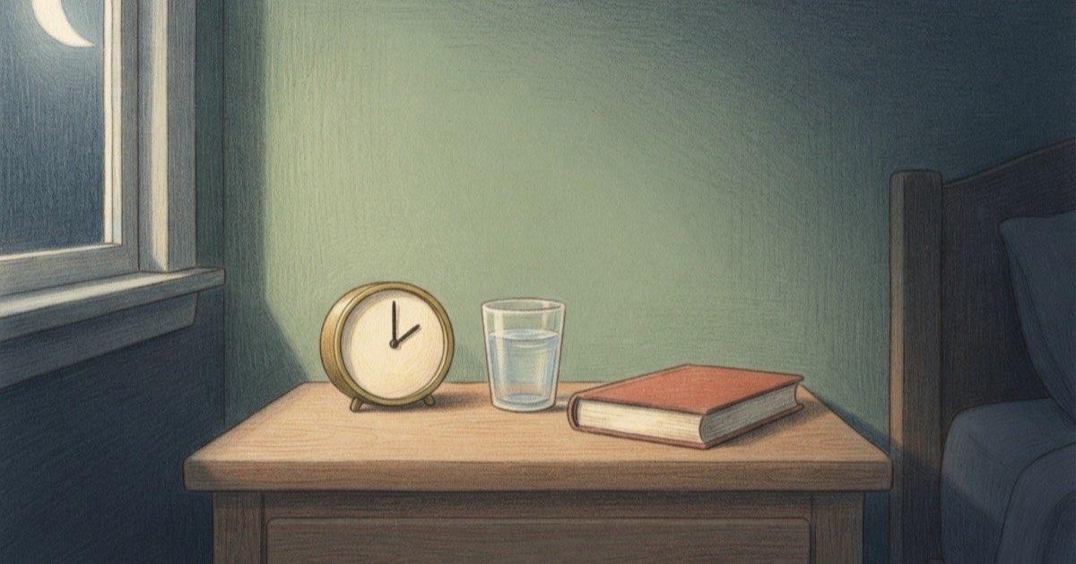 Ilustração de uma mesa de cabeceira com um copo de água, um despertador analógico e um livro fechado, num quarto em penumbra