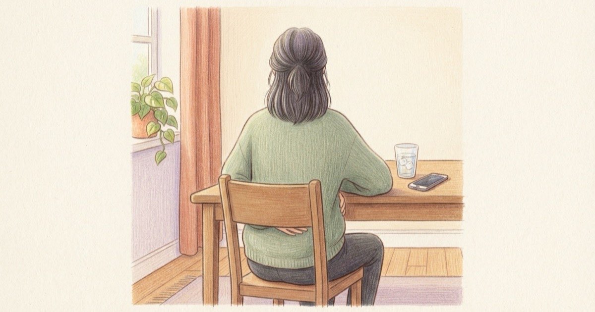 Ilustração de uma pessoa vista de costas, sentada à mesa da cozinha com uma mão apoiada na lateral da barriga, um copo de água e um telefone virado para baixo à frente