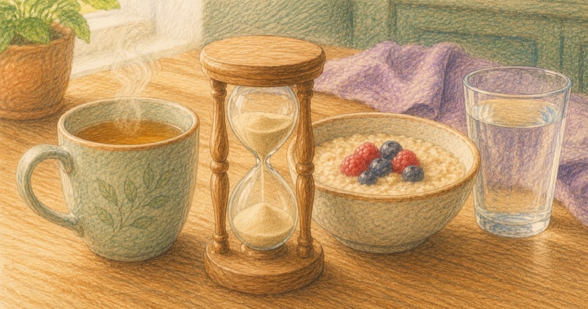 Ilustração de uma mesa com chá, tigela de aveia com frutas vermelhas, copo de água e uma ampulheta ao lado