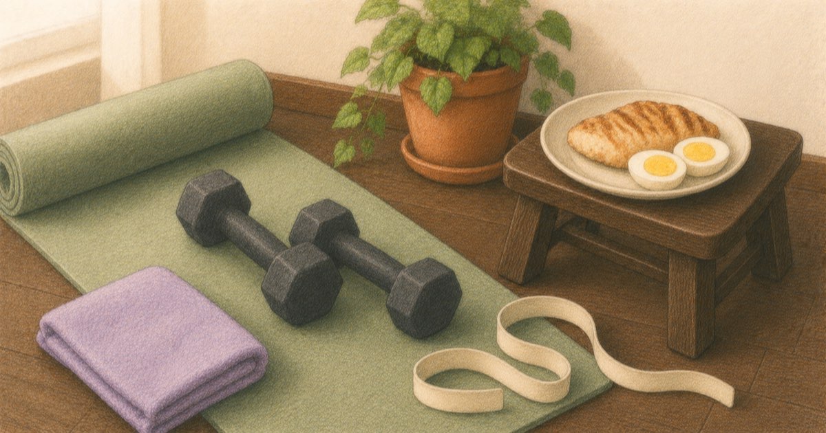 Ilustração de um par de halteres pequenos sobre um tapete de exercício, ao lado de uma fita métrica e um prato com ovos e frango