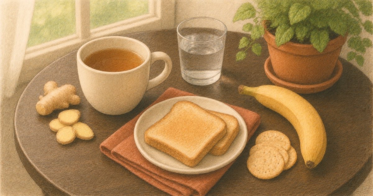 Ilustração de uma tigela de canja com torradas, chá de gengibre e um copo de água com gelo sobre uma mesa