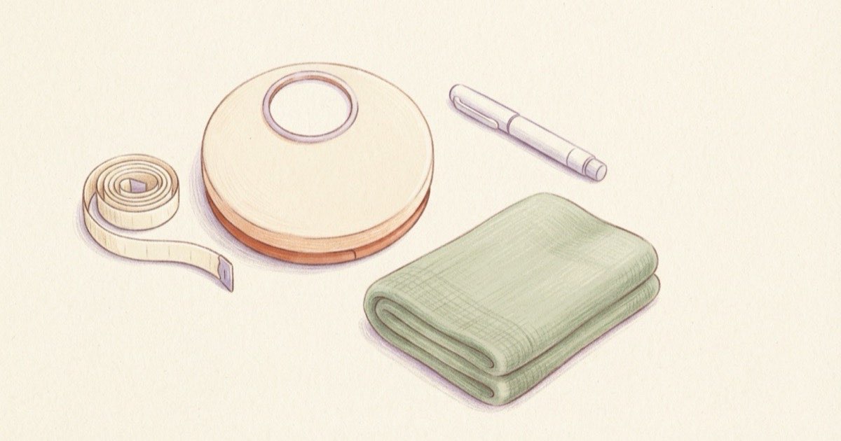 Ilustração de uma fita métrica enrolada ao lado de uma balança de banheiro e de uma caneta de aplicação, sobre fundo claro