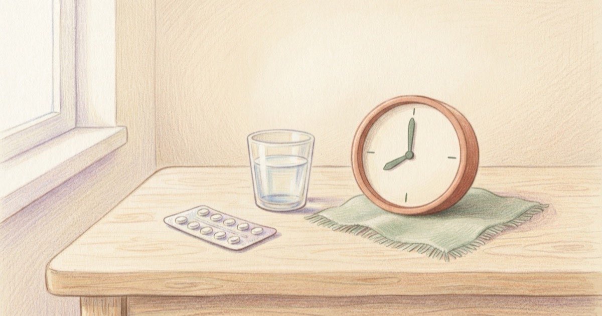 Ilustração de um blister de comprimidos ao lado de um copo d'água pequeno e de um relógio de mesa, sobre uma mesa clara