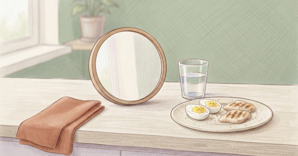 Ilustração de um espelho redondo de mesa ao lado de um copo de água e de um prato com ovos e frango, sobre uma bancada clara