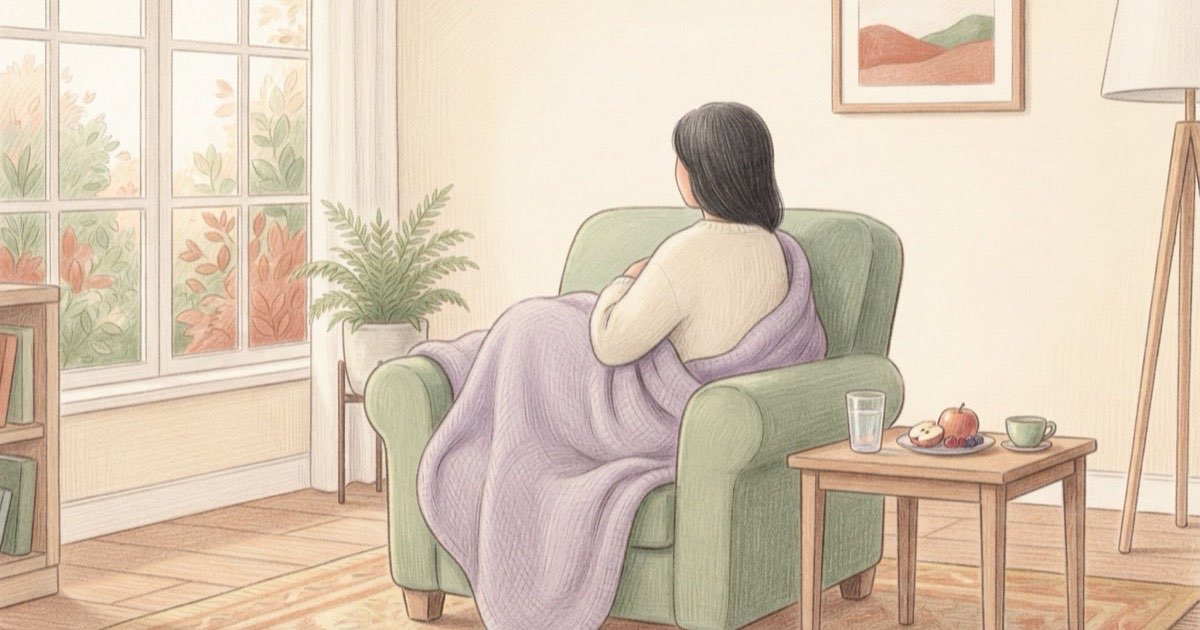 Ilustração de uma pessoa sentada numa poltrona com uma manta, um copo de água e um prato com frutas numa mesinha ao lado, luz suave de fim de tarde