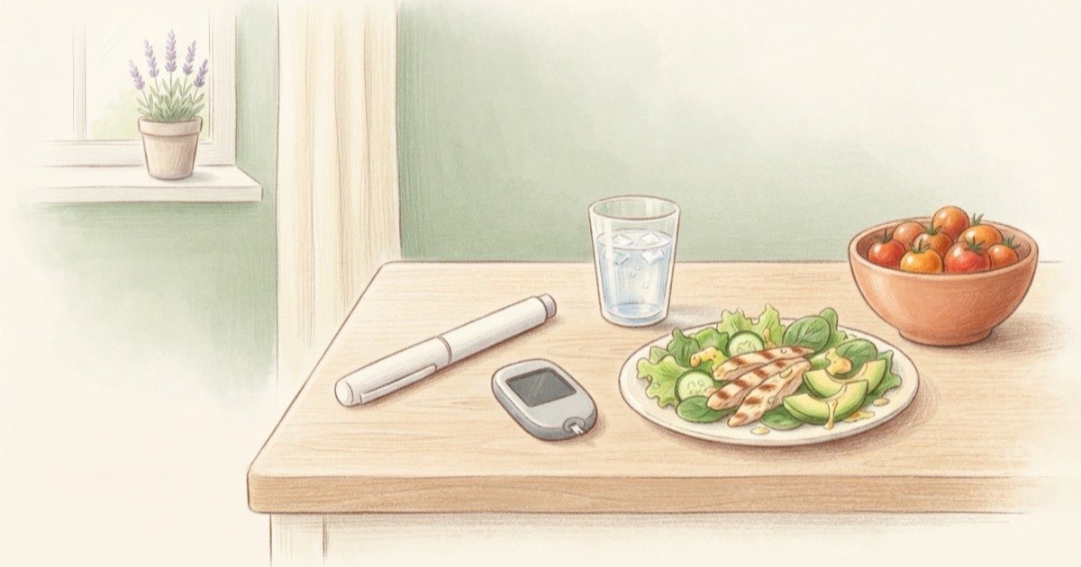 Ilustração de uma bancada de cozinha com uma caneta de aplicação branca sem marca, um glicosímetro de visor apagado, um copo de água e um prato com salada e frango grelhado