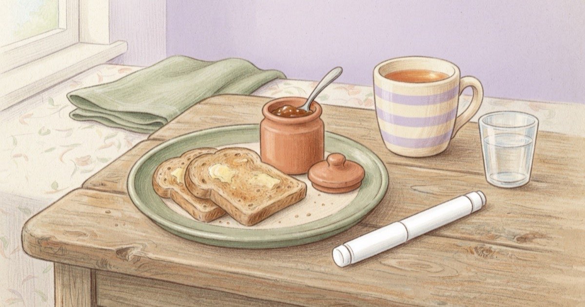 Ilustração de uma mesa de café da manhã com torradas, uma xícara de chá, um copo de água e uma caneta de aplicação ao lado