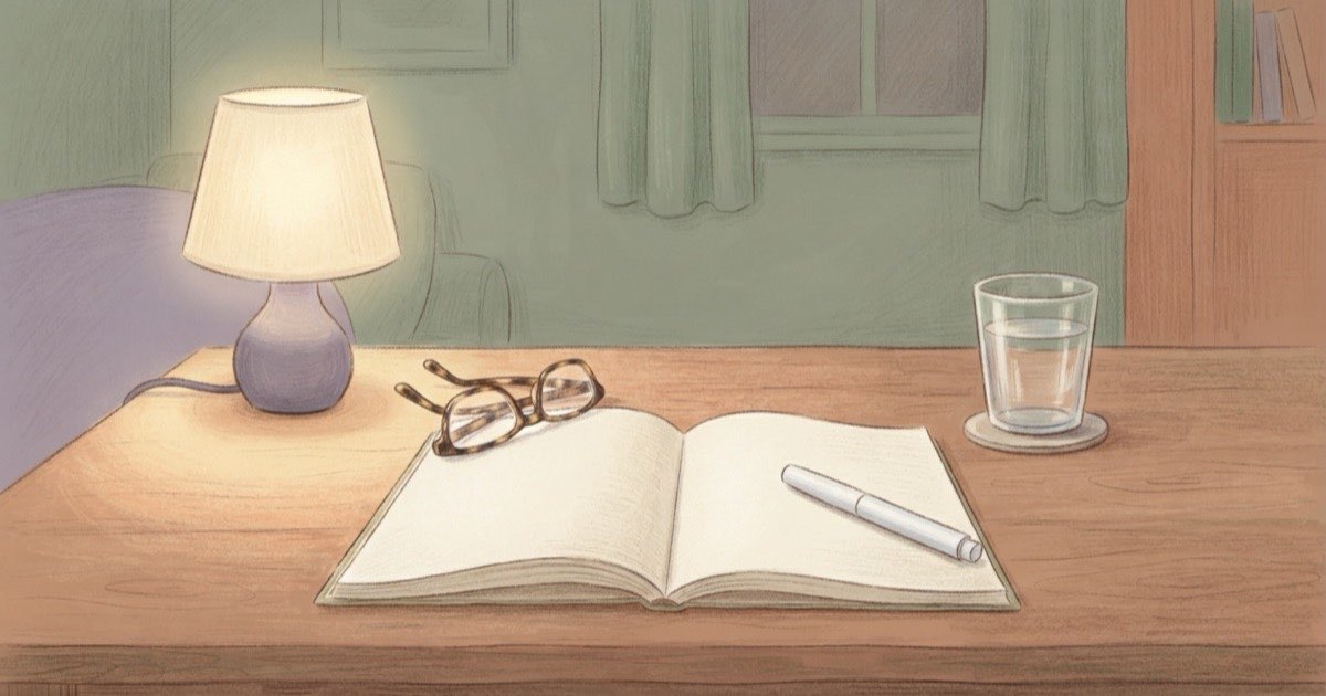 Ilustração de uma mesa com óculos dobrados, uma caneta de aplicação, um copo de água e um caderno aberto, sob luz de abajur