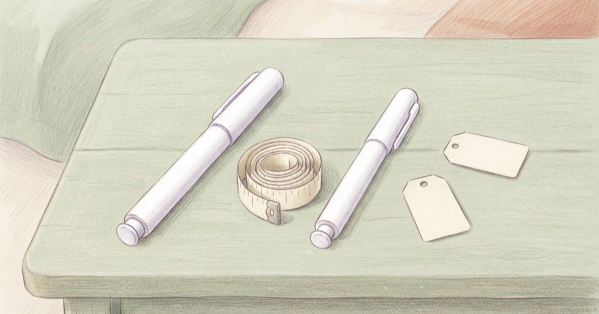 Ilustração de duas canetas de aplicação lado a lado sobre uma mesa clara, uma fita métrica entre elas e etiquetas em branco