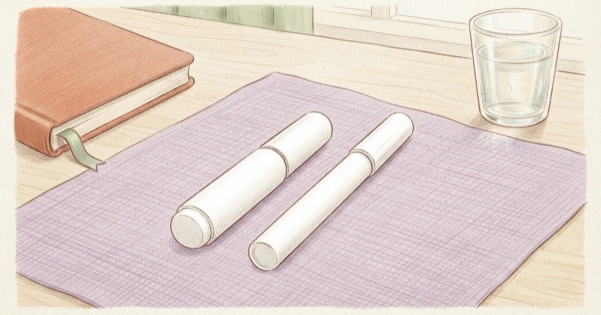 Ilustração de duas canetas de aplicação brancas e sem marca, de tamanhos diferentes, lado a lado sobre uma mesa clara, com um caderno e um copo de água ao fundo