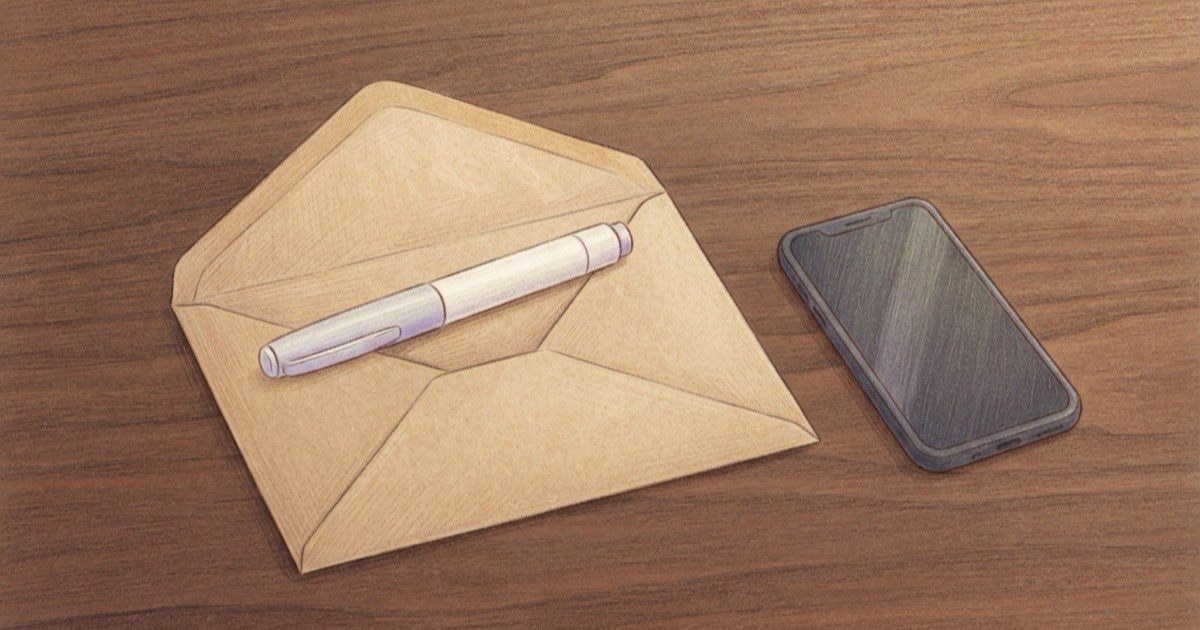 Ilustração de uma caneta de aplicação sem rótulo dentro de um envelope aberto sobre uma mesa, ao lado de um celular com a tela apagada