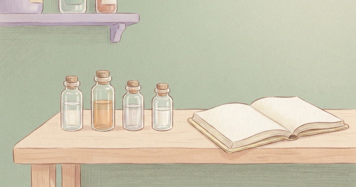 Ilustração de quatro frascos de laboratório sem rótulo enfileirados sobre uma bancada clara, com um caderno de anotações ao lado