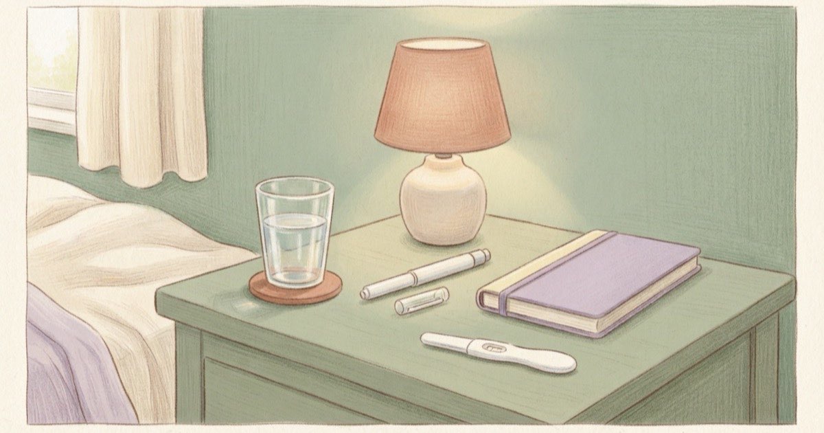 Ilustração de uma mesa de cabeceira com um teste de gravidez virado para baixo, um copo de água, uma caneta de aplicação tampada e uma agenda fechada