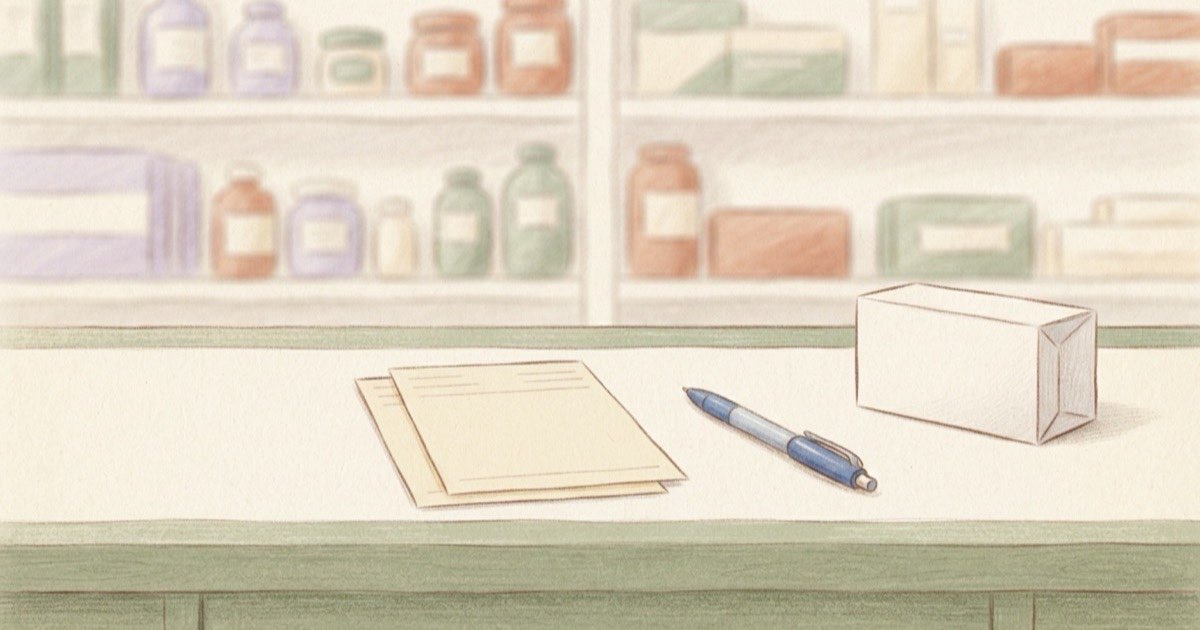 Ilustração de um balcão de farmácia com um bloco de receita em duas vias, uma caneta esferográfica e uma caixa de medicamento, sem pessoas