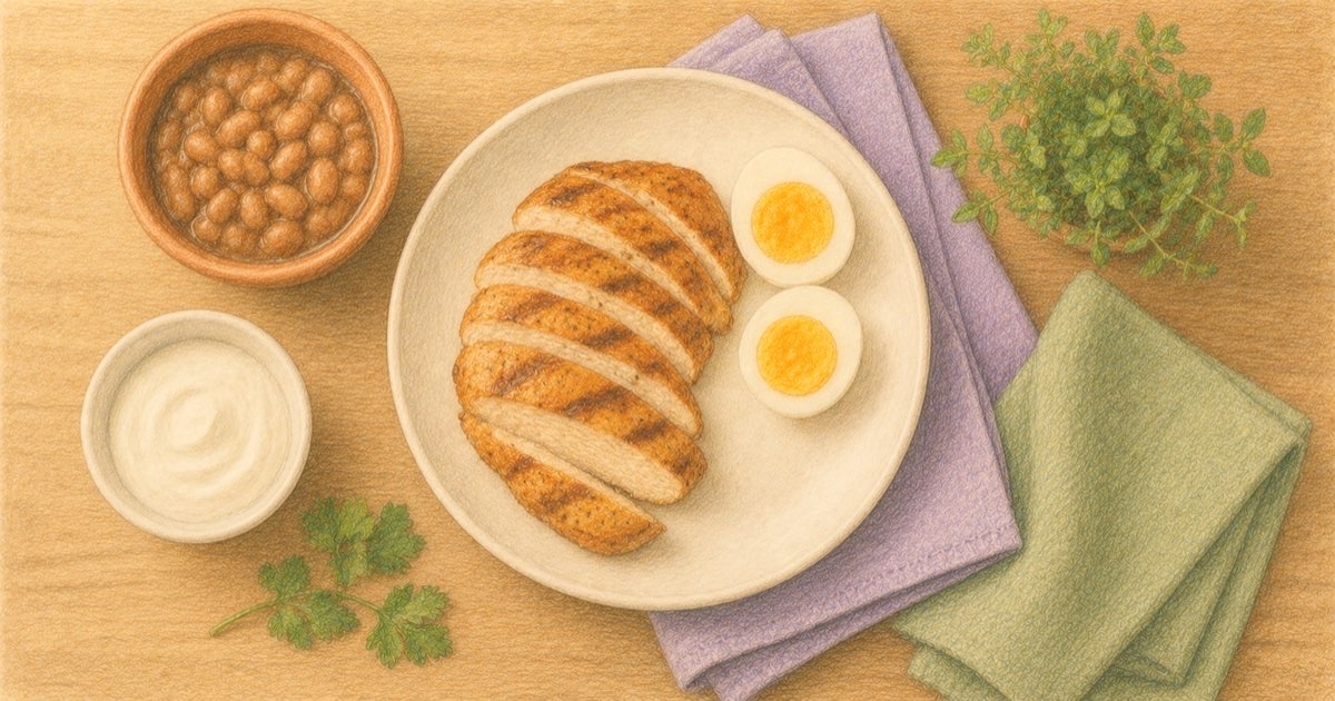 Ilustração de um prato com frango grelhado, ovos, iogurte natural e feijão sobre uma mesa de madeira