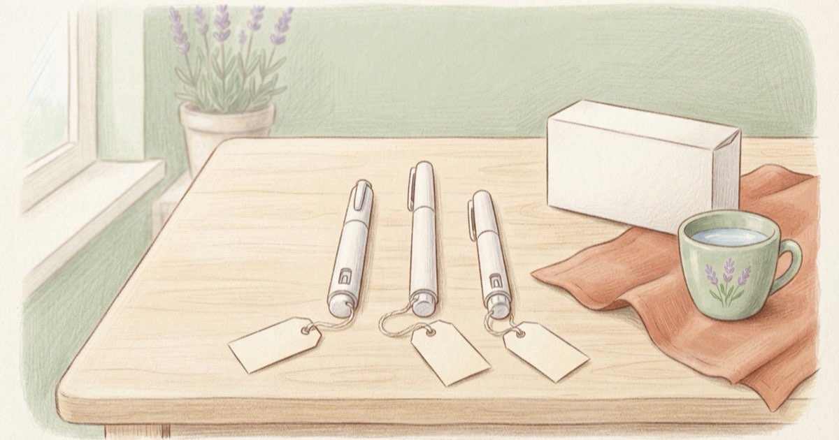 Ilustração de várias canetas de aplicação brancas, de tamanhos variados e etiquetas em branco, alinhadas sobre uma mesa clara, ao lado de uma caixa de medicamento sem marca e um copo de água